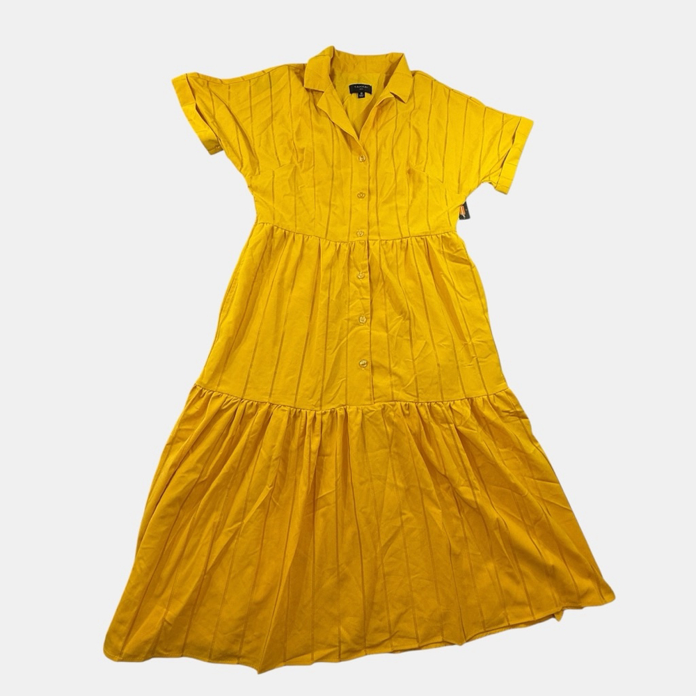 Tahari ASL Yellow Midi Dress Size 10 Button Front Tiered Hot Mustard NWT - Picture 1 of 9